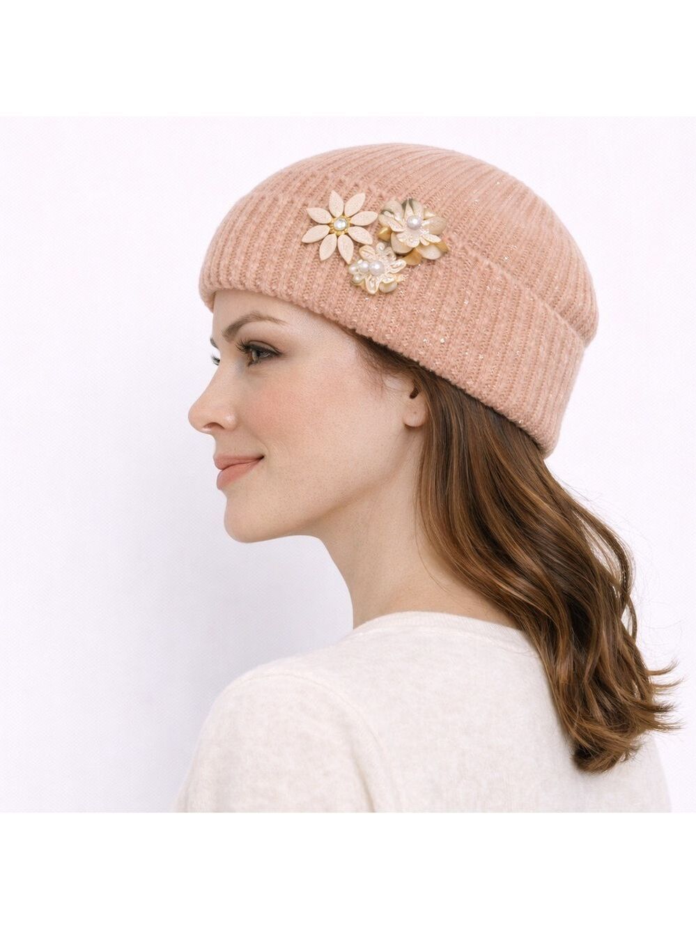 H&M Powder pink Knit Beanie With Floral Crystal Embellishments Womens Winter Hat
